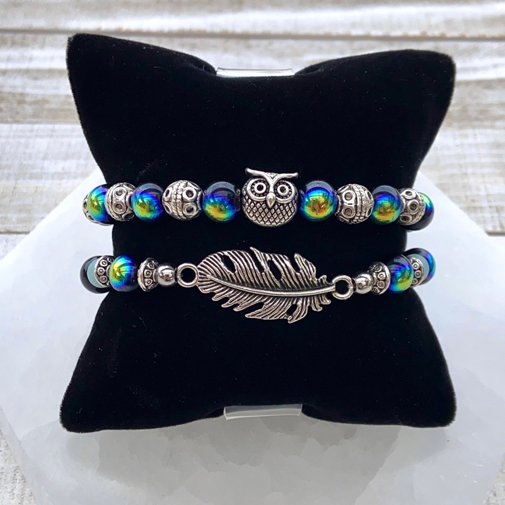Owl leaf bracelets . Onyx amazonite rainbow beads owl leaf boho set bracelets